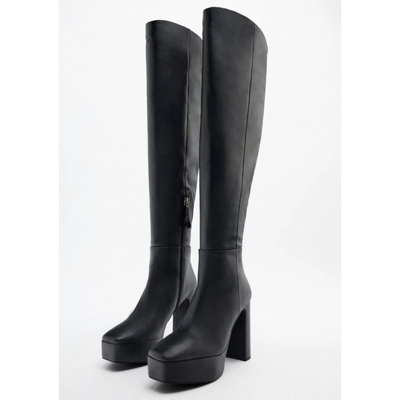 Zara Shoes - Zara knee high platform leather heeled boots black